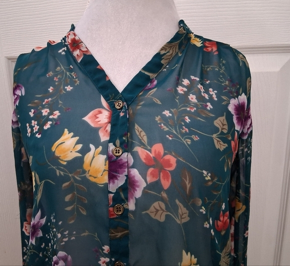 Floral Teal Button-Up Women's Top - Picture 2 of 14